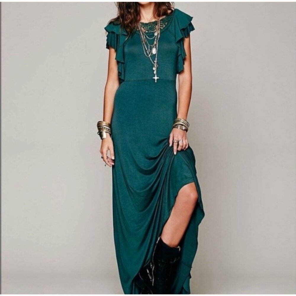 Free People Green Film Noir Ruffle Lace Maxi Dress Women’s S Read